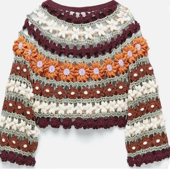 NWT Zara Flower Crochet Knit Sweater Top - Picture 3 of 8